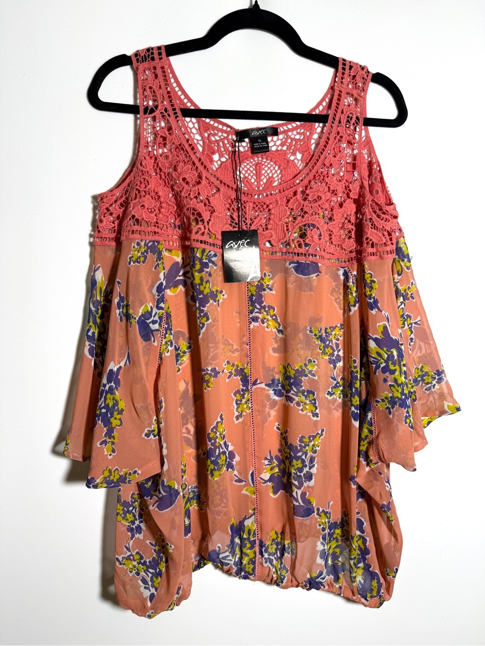 Avec Coral Pink Floral Cold-Shoulder Tunic with Crochet Yoke